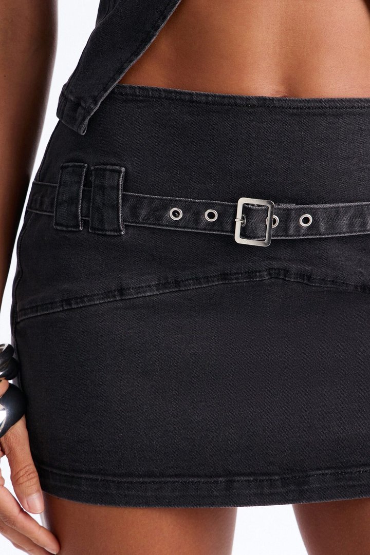 Brynn Denim Belted Micro Mini Skirt Set - Black