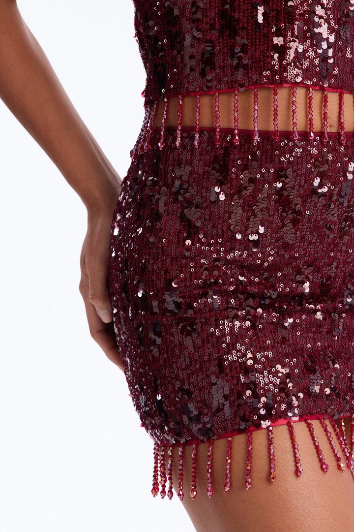 Showgirl Halter Sequin Skirt Set - Burgundy