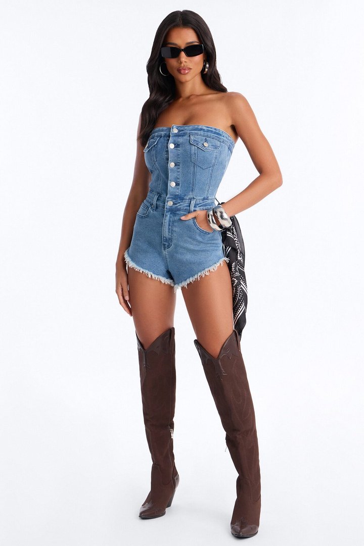 Jeni Strapless Denim Micro Short Romper - Light Wash