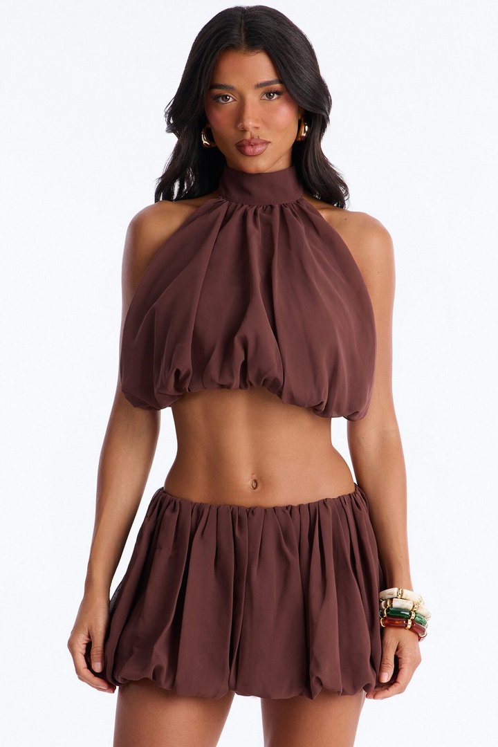 Alessia Halter Bubble Mini Skirt Set - Brown