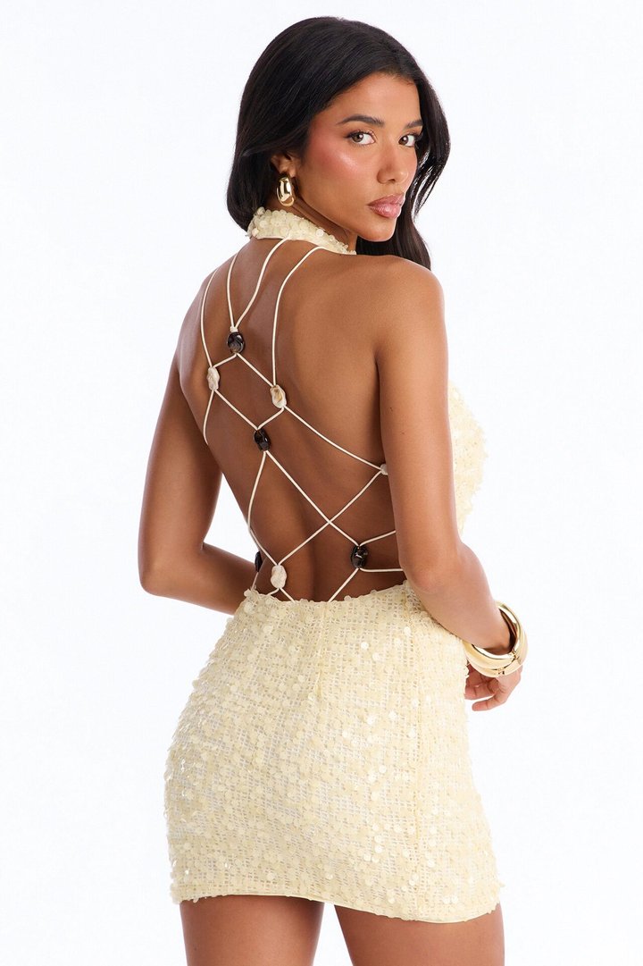 Off The Grid Backless Sequin Micro Mini Dress - Cream