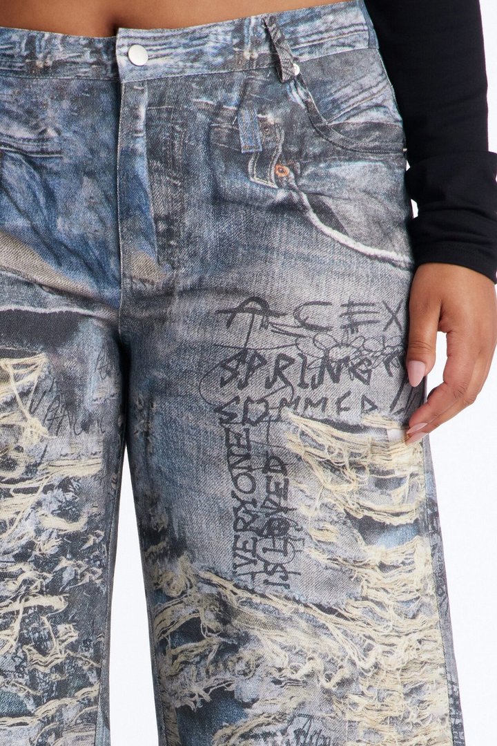 Rebel Rules Low Rise Distressed Denim Print Pant 33″ - Blue/combo