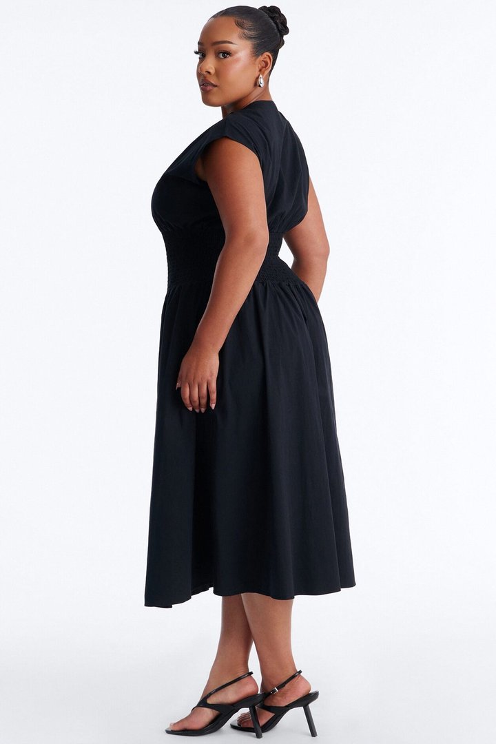 Too Busy Cinched Waist Midi Dress - Black