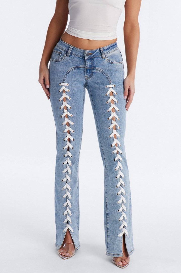 Tied To You Ultra Low Rise Lace Up Bootcut Jeans - Medium Wash