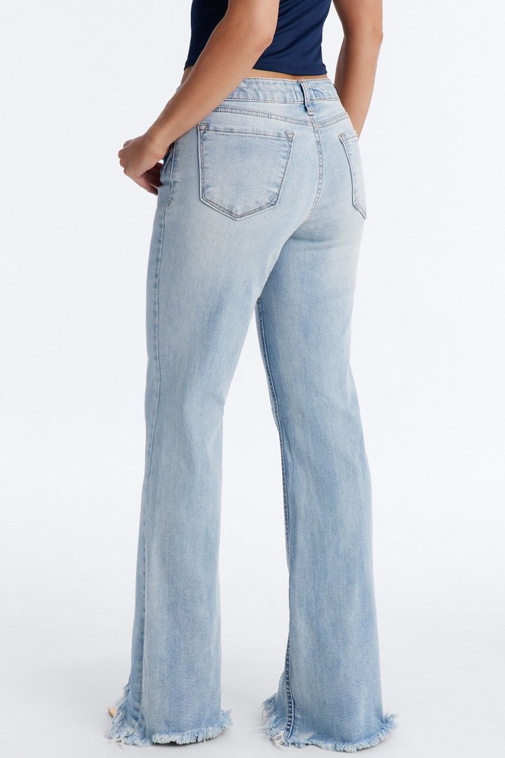 Young And Free Raw Hem Flare Jeans - Light Wash