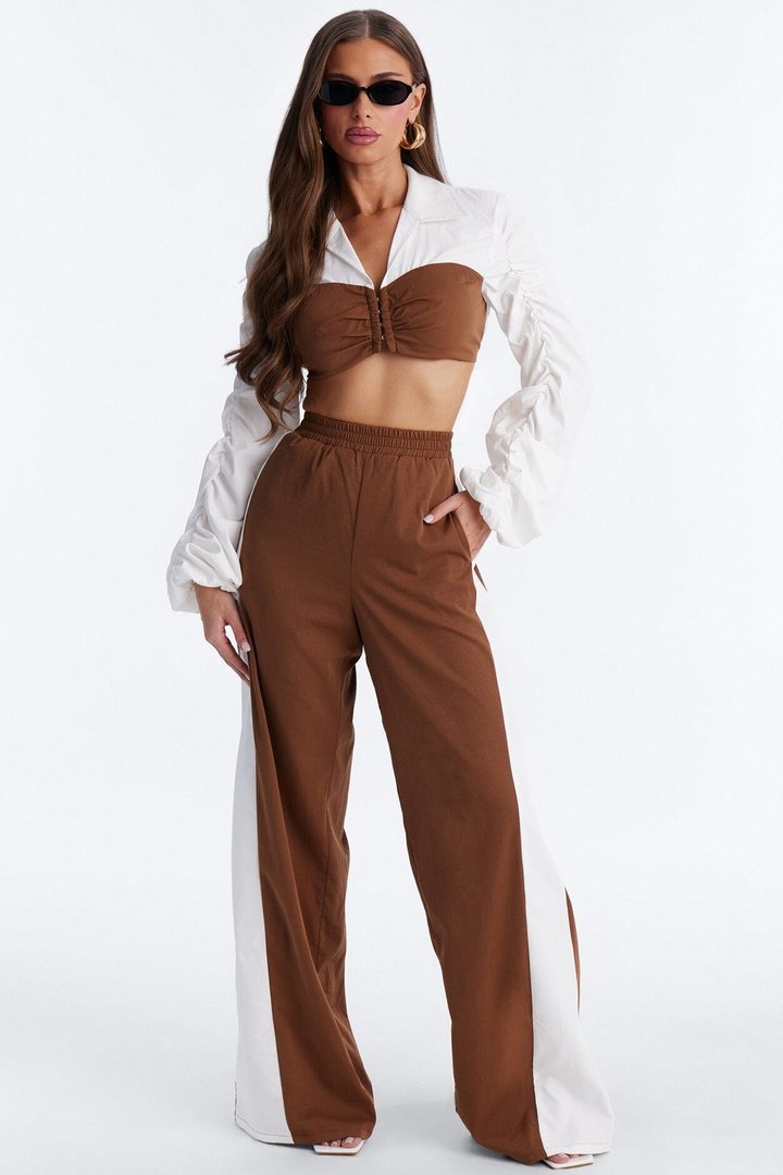 Mallorie Wide Leg Pant Set - Brown