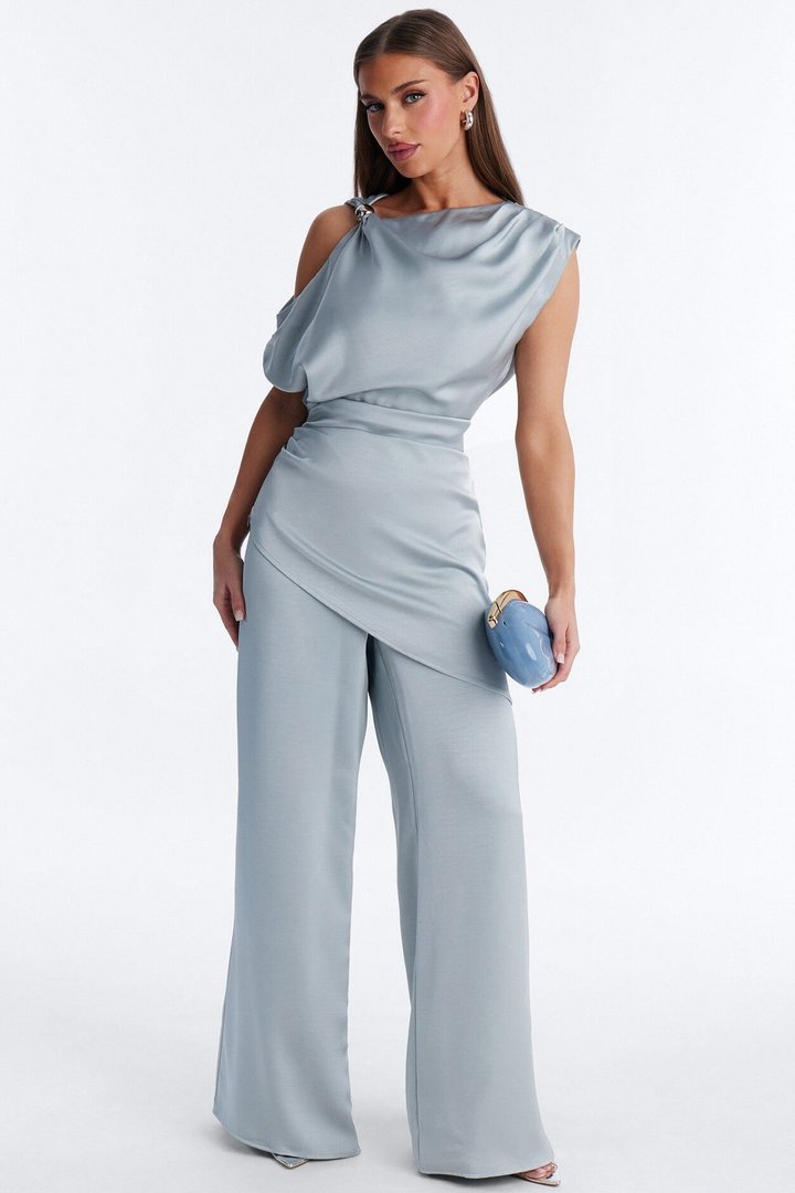 Mallory Satin Asymmetrical Pant Set - Dusty Blue