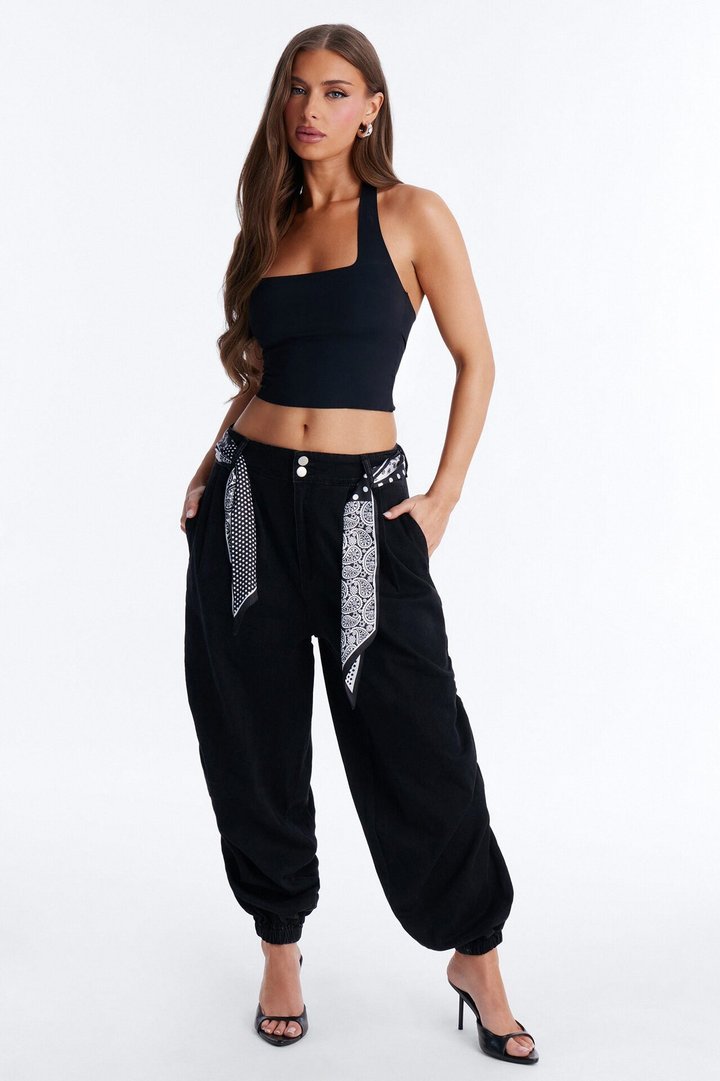 Midnight In Mykonos Scarf Belted Jogger Jeans - Black