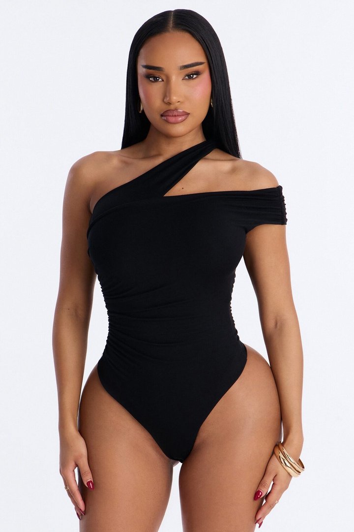 Been Here Before Ruched One Shoulder Bodysuit - Black