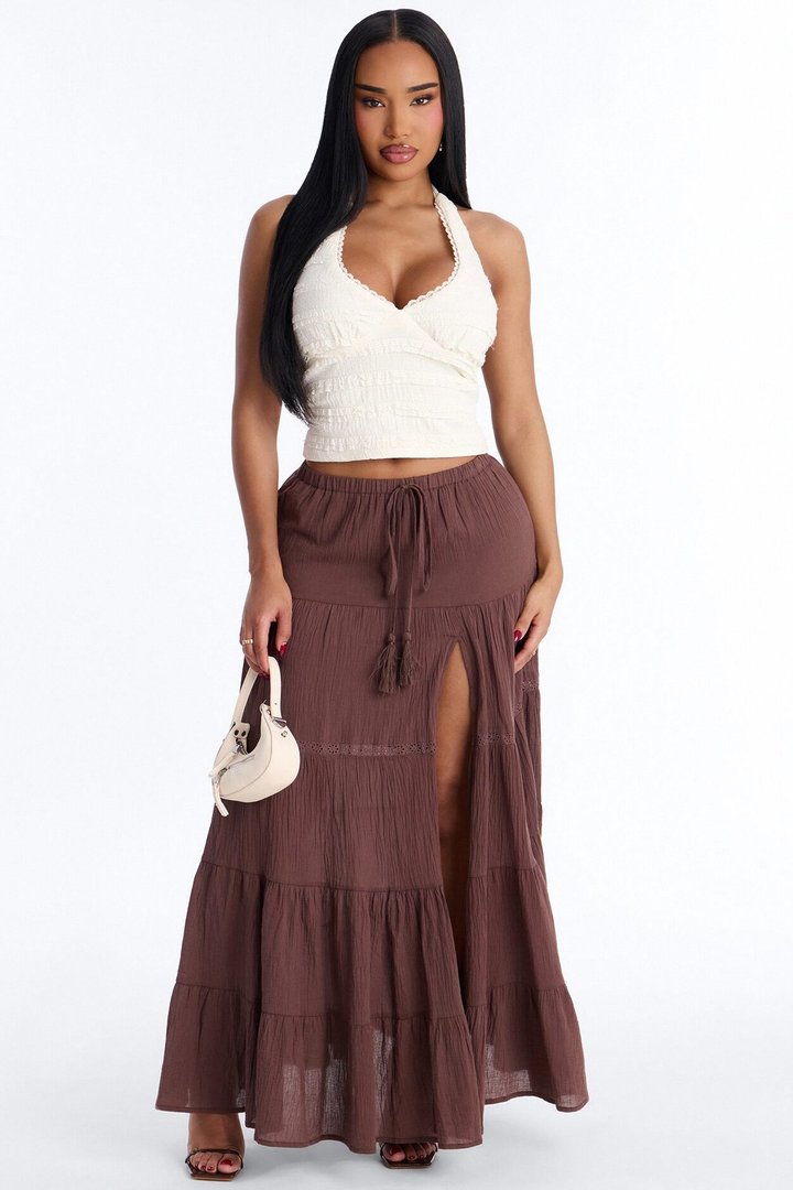 Bohemian High Slit Tiered Gauze Maxi Skirt - Brown