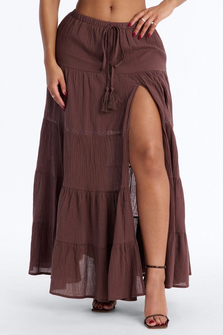 Bohemian High Slit Tiered Gauze Maxi Skirt - Brown