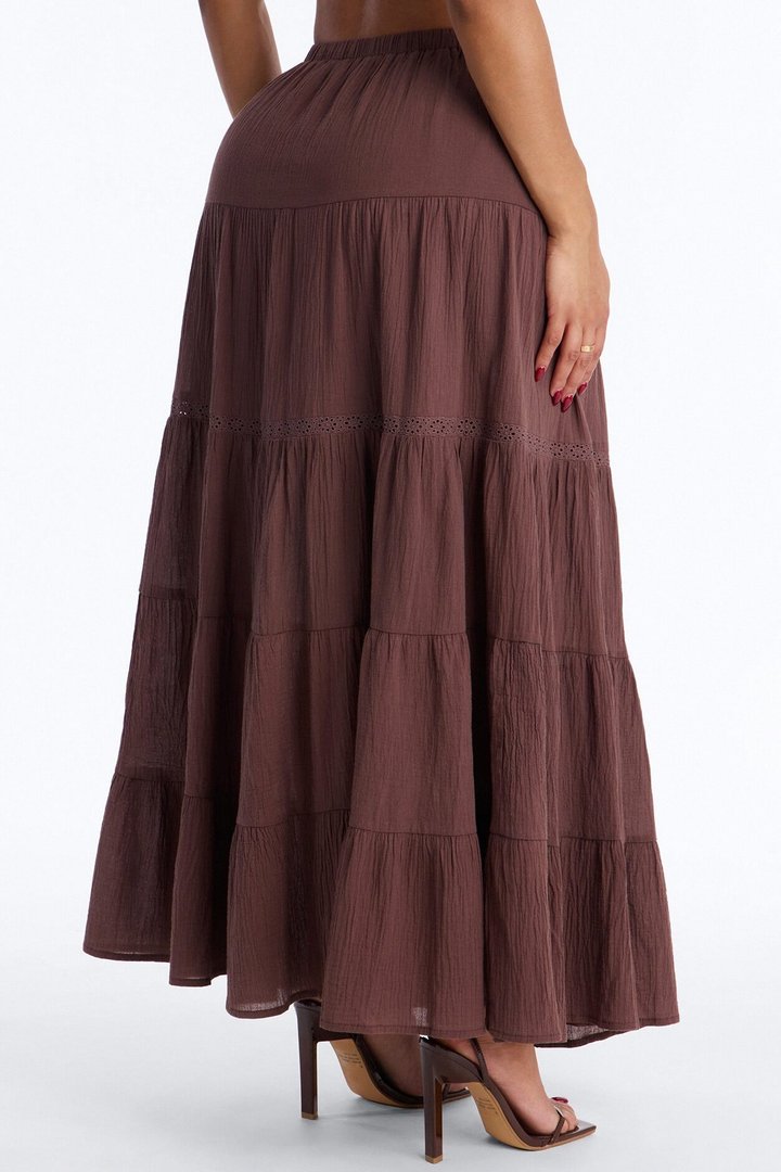 Bohemian High Slit Tiered Gauze Maxi Skirt - Brown