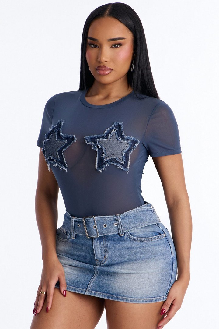 You're A Firework Mesh Bodysuit - Denim