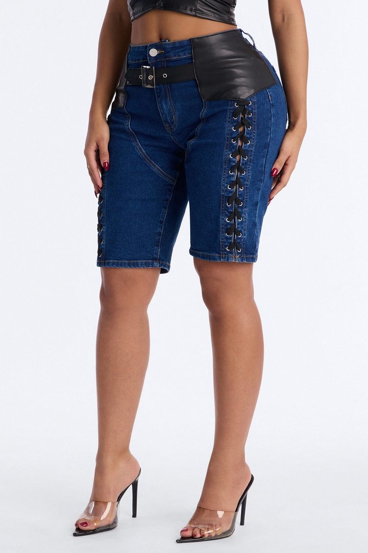 Show Stealer Lace Up Denim Bermuda Shorts - Dark Wash