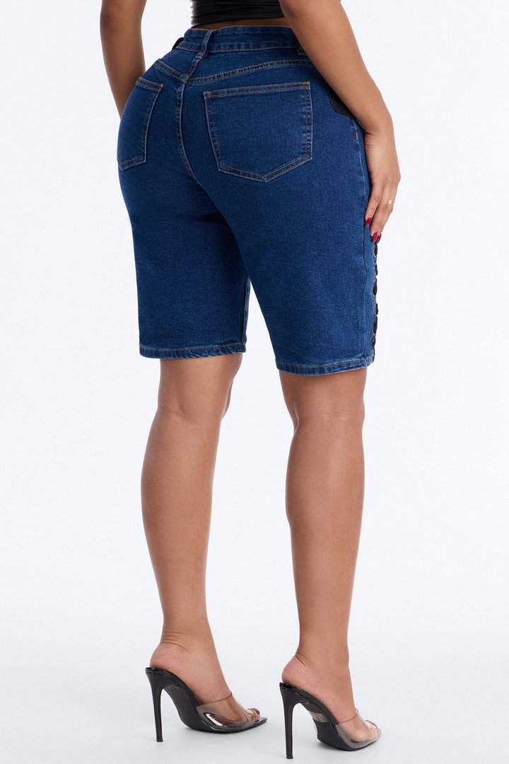 Show Stealer Lace Up Denim Bermuda Shorts - Dark Wash