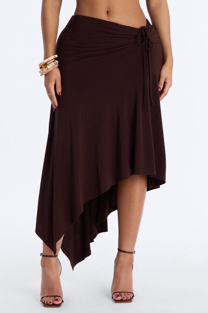Leila Ruched Asymmetrical Midi Skirt - Chocolate