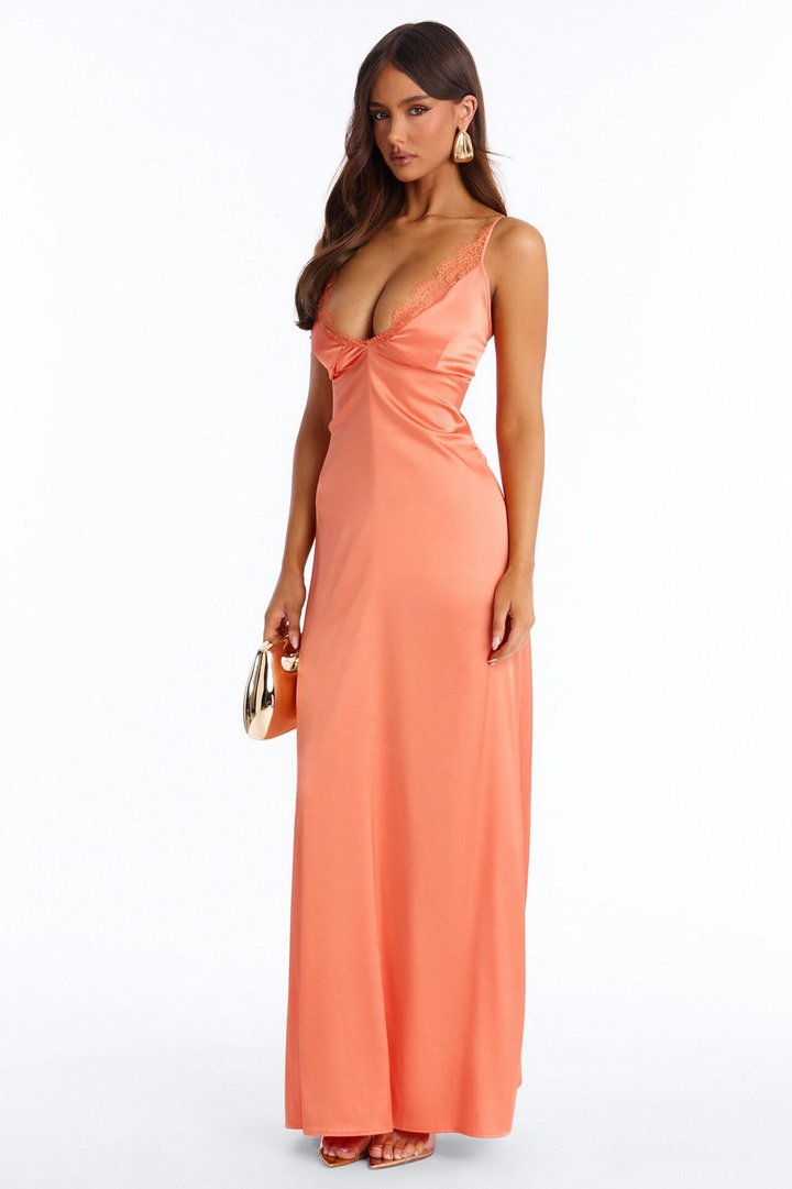 Klara Lace Trim Satin Maxi Dress - Orange