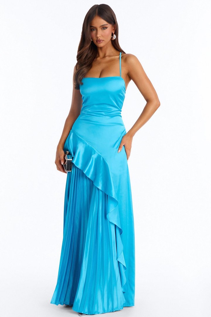 Veronica Pleated Ruffle Satin Gown - Blue