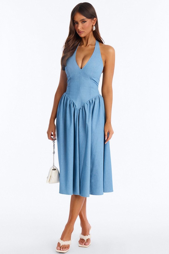 Annora Halter Denim Midi Dress - Denim
