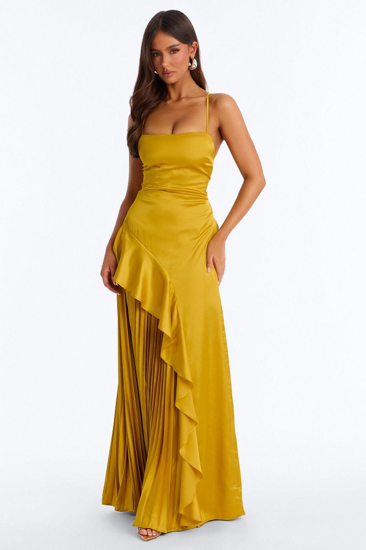 Veronica Pleated Ruffle Satin Gown - Gold
