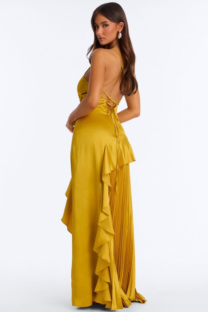 Veronica Pleated Ruffle Satin Gown - Gold