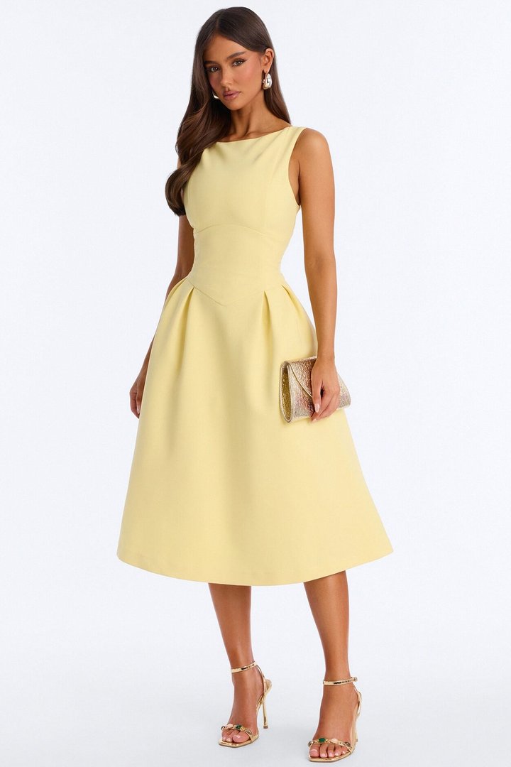 Anika Pleated Midi Dress - Butter Yellow