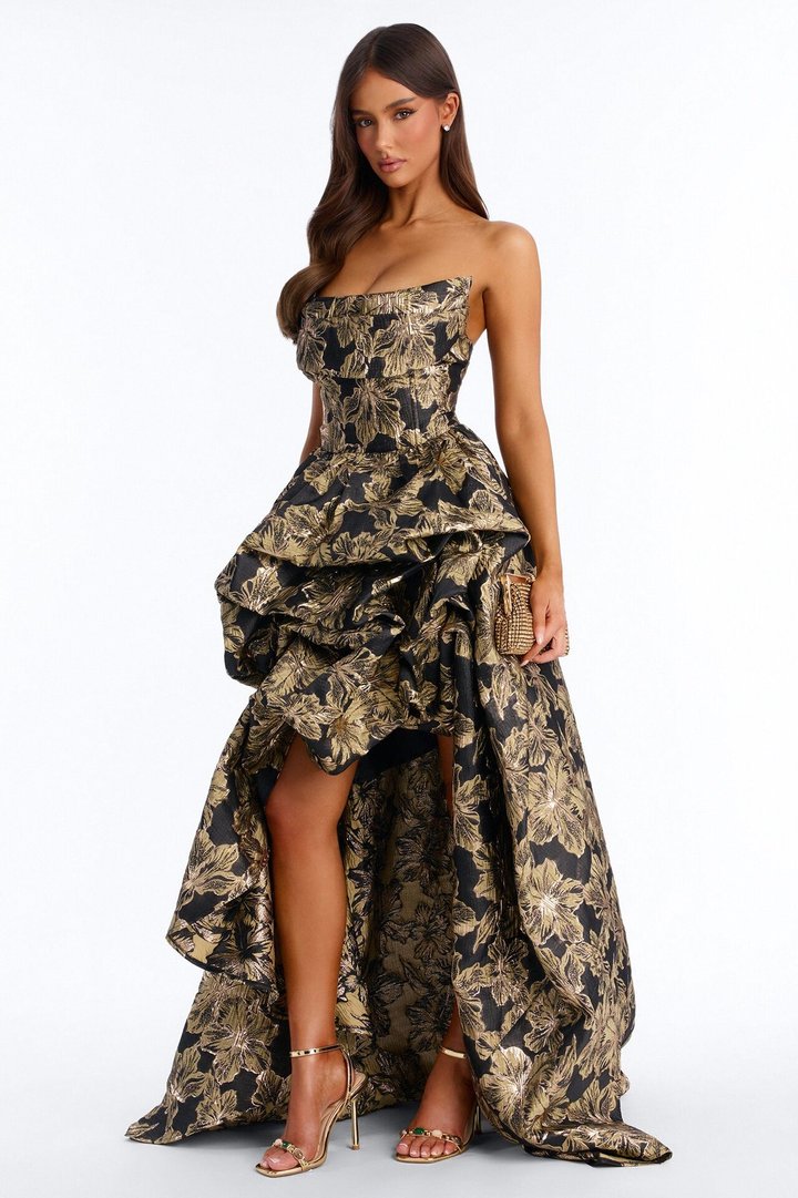 Ayla Strapless Jacquard Gown - Black/Gold