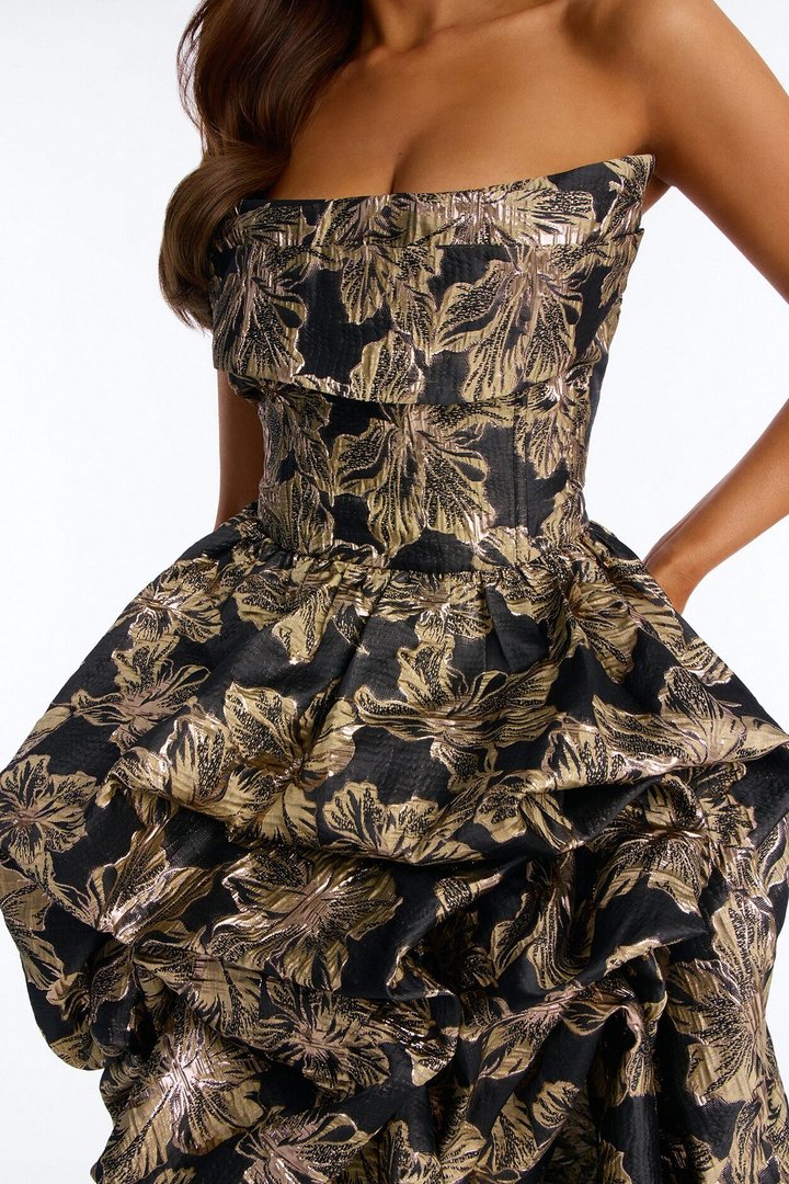 Ayla Strapless Jacquard Gown - Black/Gold