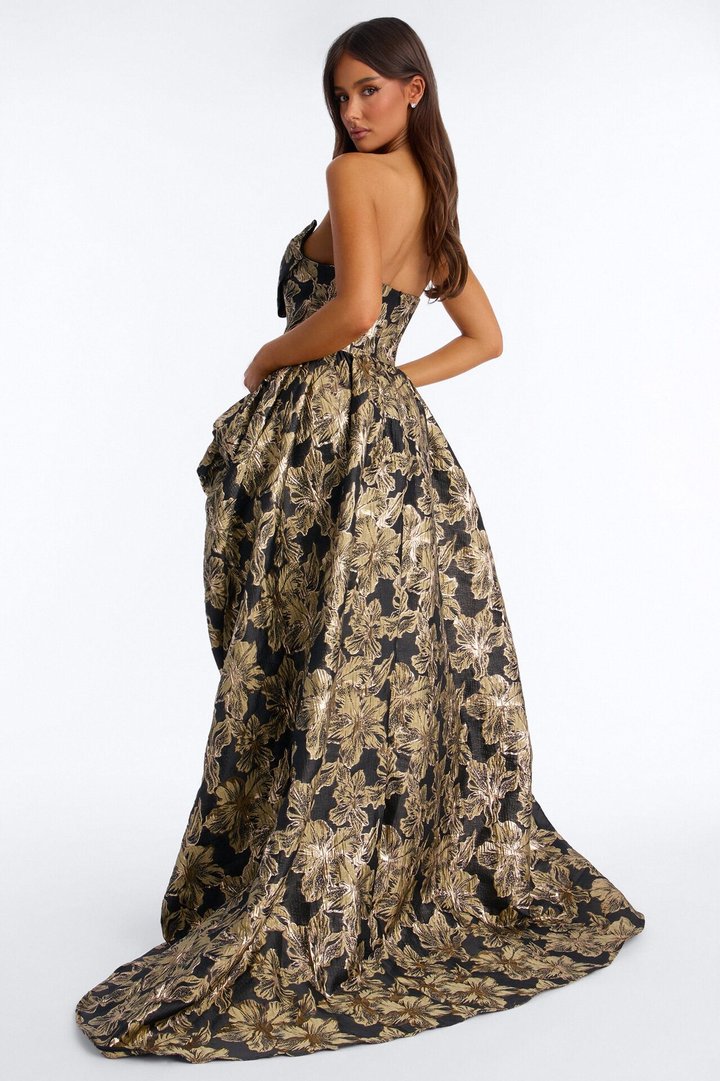 Ayla Strapless Jacquard Gown - Black/Gold