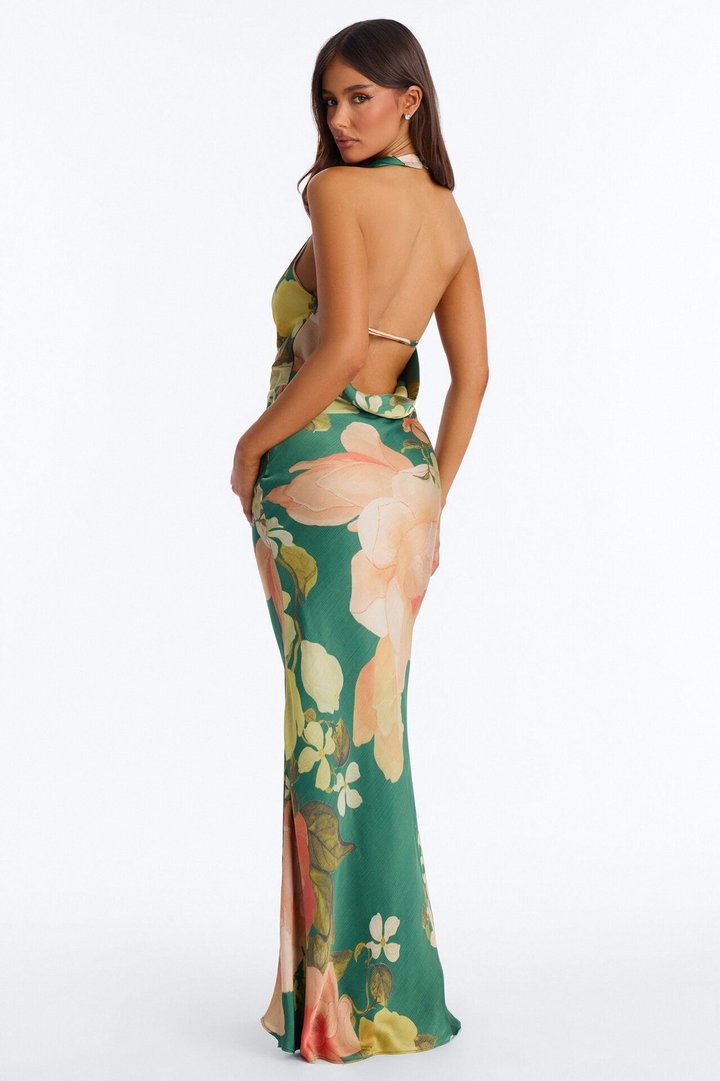 Into The Garden Backless Satin Maxi Dress - Green/combo