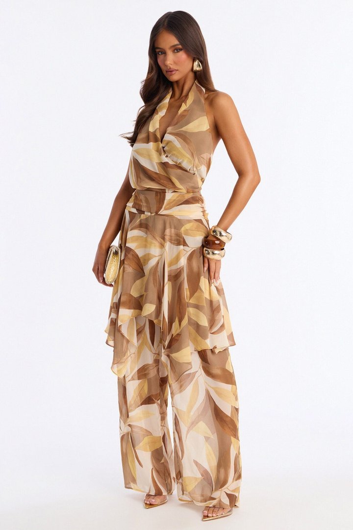 Boho Oasis Halter Abstract Jumpsuit - Khaki