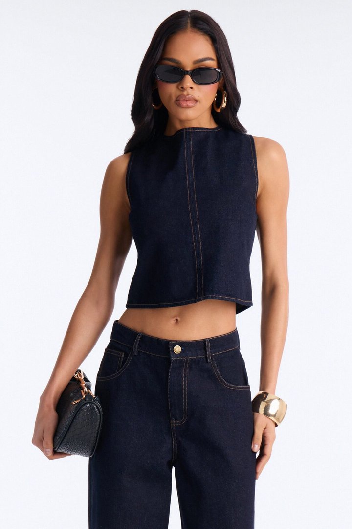 Kelsey Lace Up Back Denim Pant Set - Dark Wash