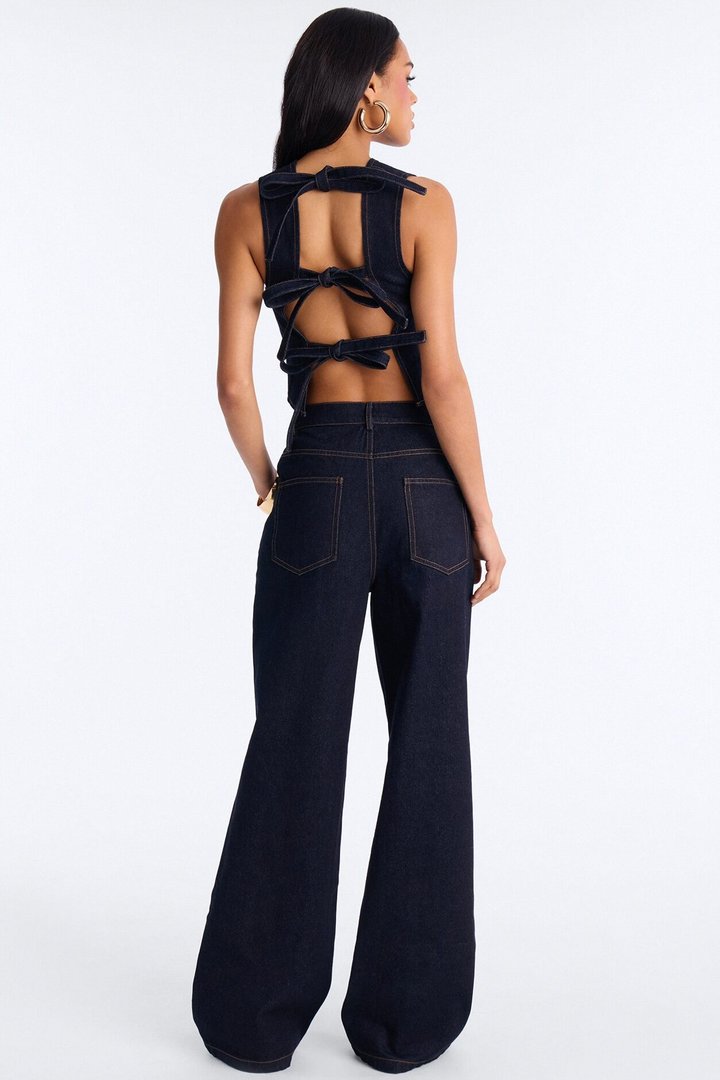 Kelsey Lace Up Back Denim Pant Set - Dark Wash
