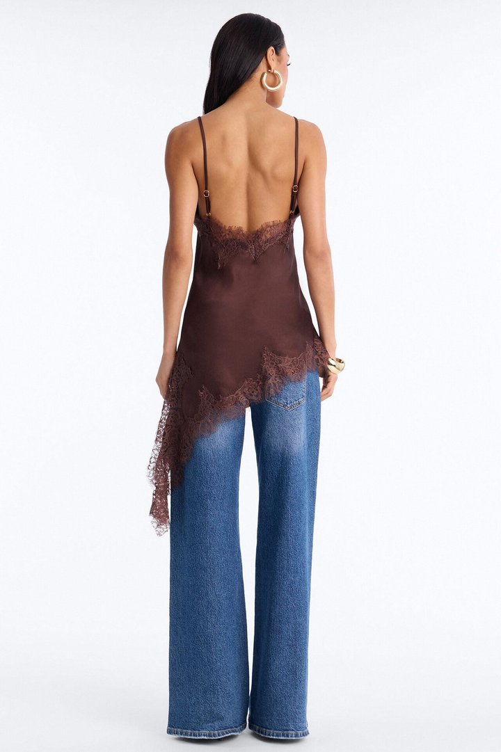 Taste Of Trouble Lace Trim Satin Top - Chocolate