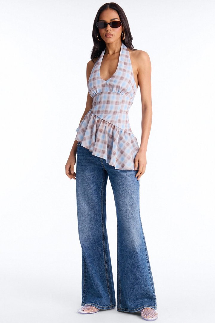 Afternoon Delight Ruffle Plaid Chiffon Halter Top - Blue/combo