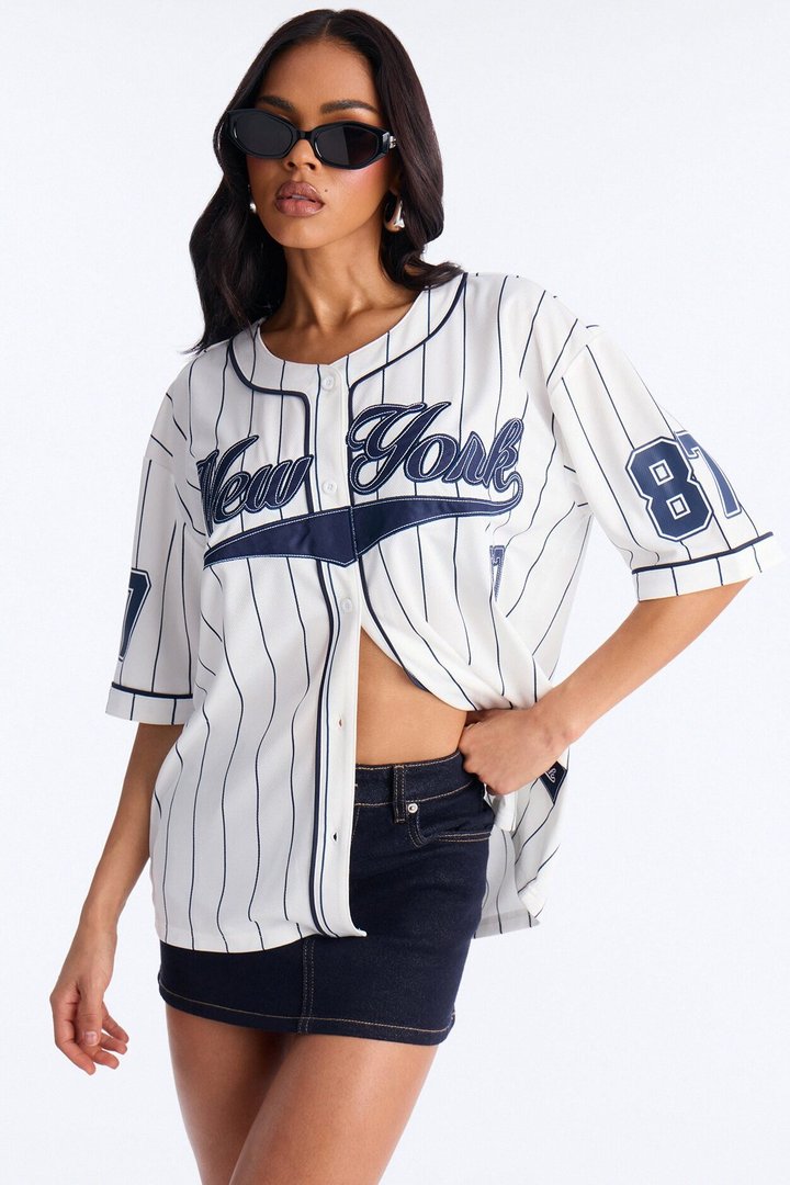 New York Pinstripe Baseball Jersey - White