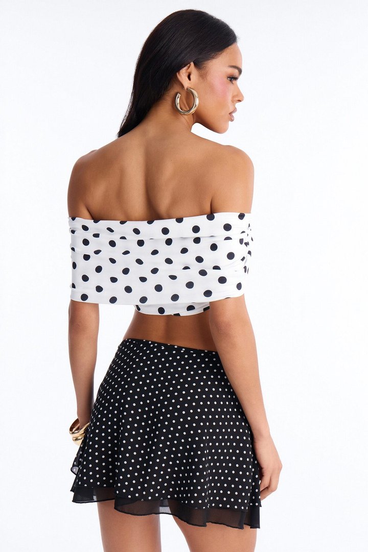 Nina Off Shoulder Ruched Polka Dot Crop Top - White/combo