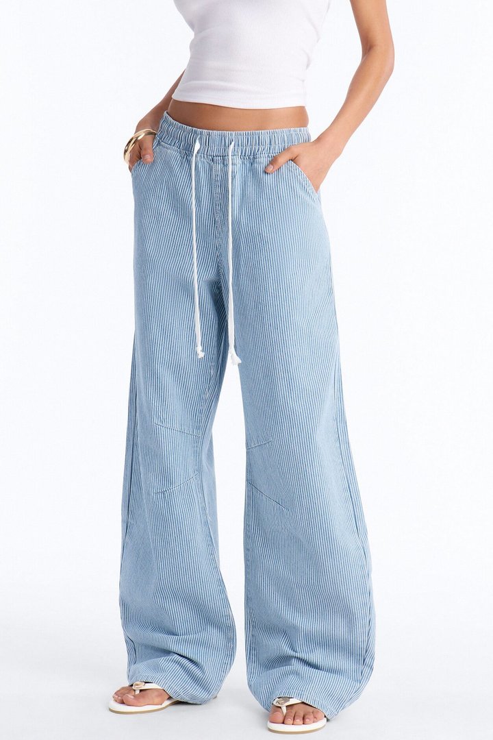 Oceanside Tie Waist Striped Tie Waist Jeans - Light Wash