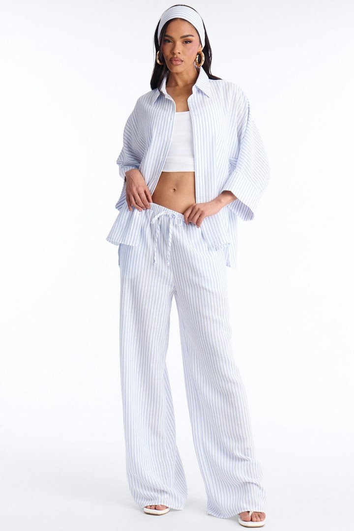 Mara Linen 3 Piece Pinstripe Pant Set - Blue/combo