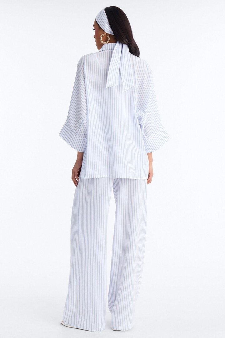 Mara Linen 3 Piece Pinstripe Pant Set - Blue/combo