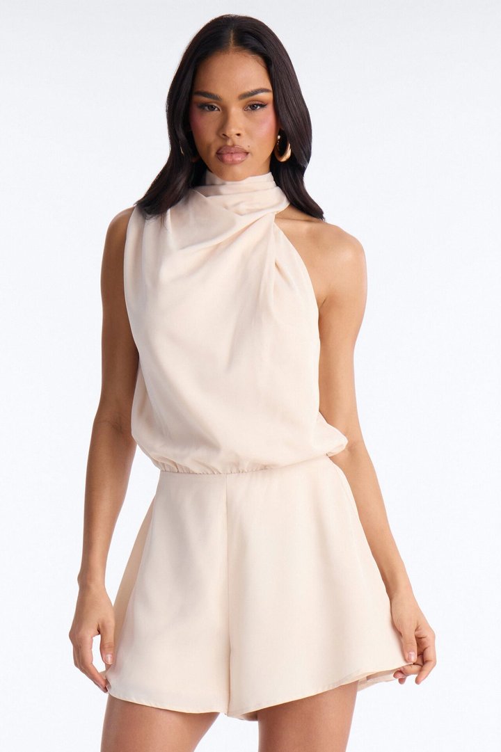 Rina Draped High Neck Romper - Cream