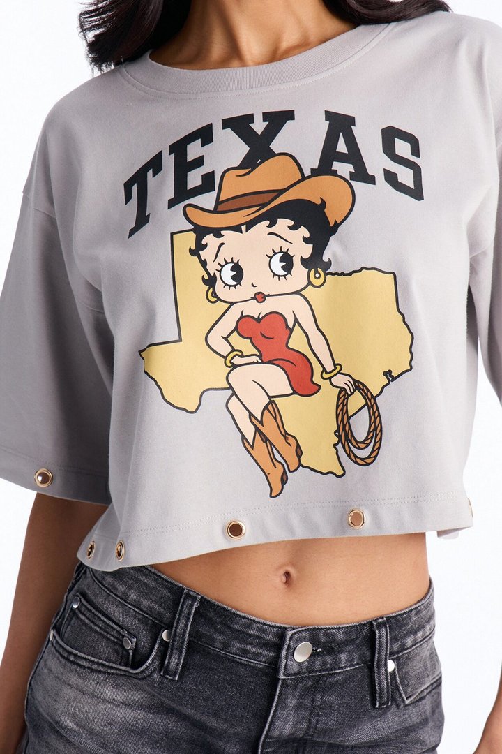 Betty Boop Texas Cropped Tee With Studs - Light Grey