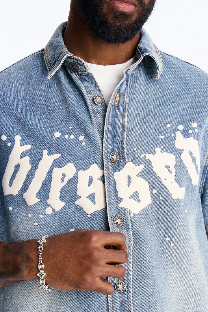 Been Blessed Denim Button Up Shirt - Medium Blue Wash