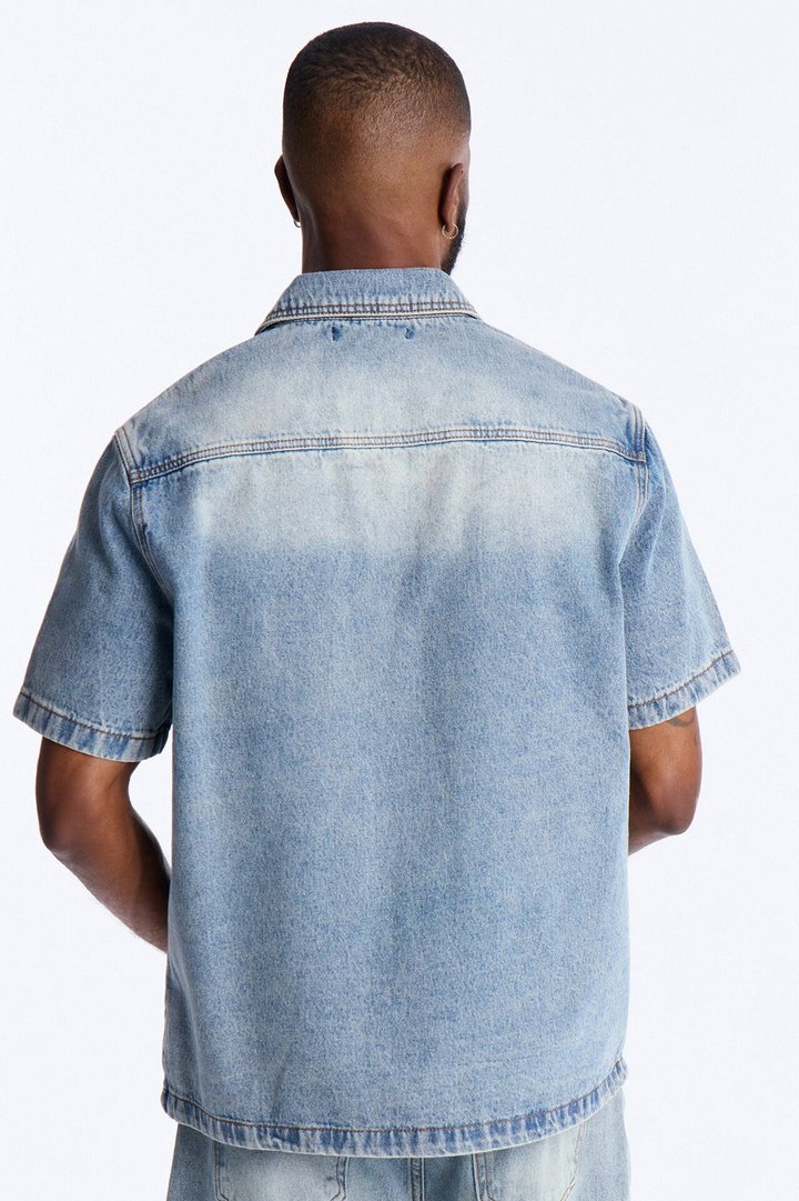 Been Blessed Denim Button Up Shirt - Medium Blue Wash
