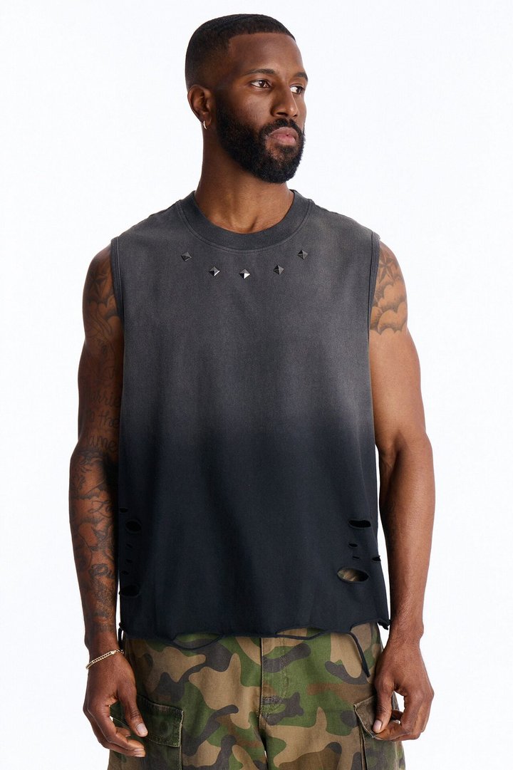 Washed Embellished Muscle Tee - Black