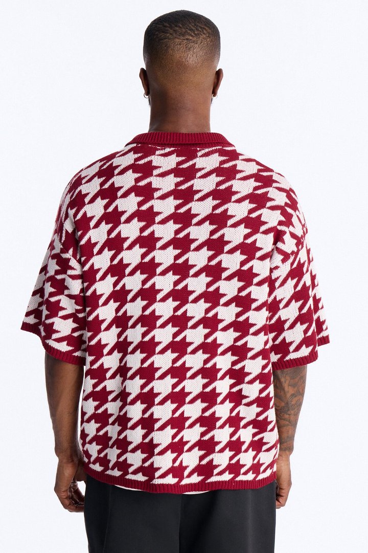 Houndstooth Short Sleeve Knitted Polo - Burgundy