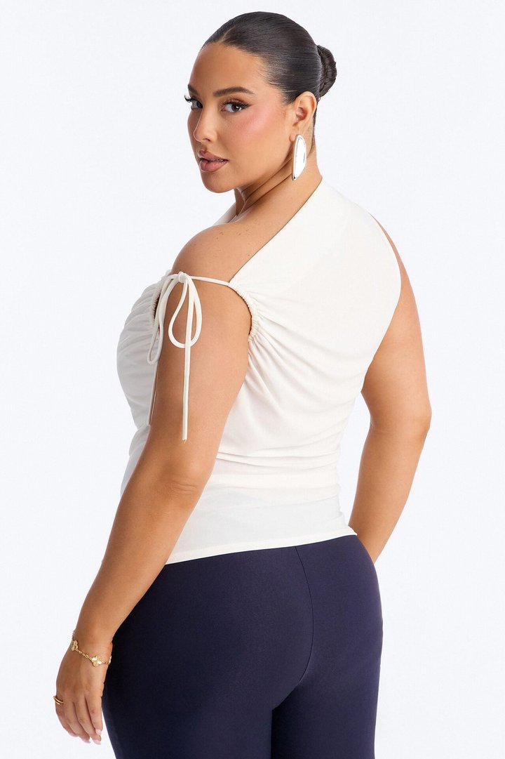 Benny One Shoulder Ruched Tie Strap Top - White