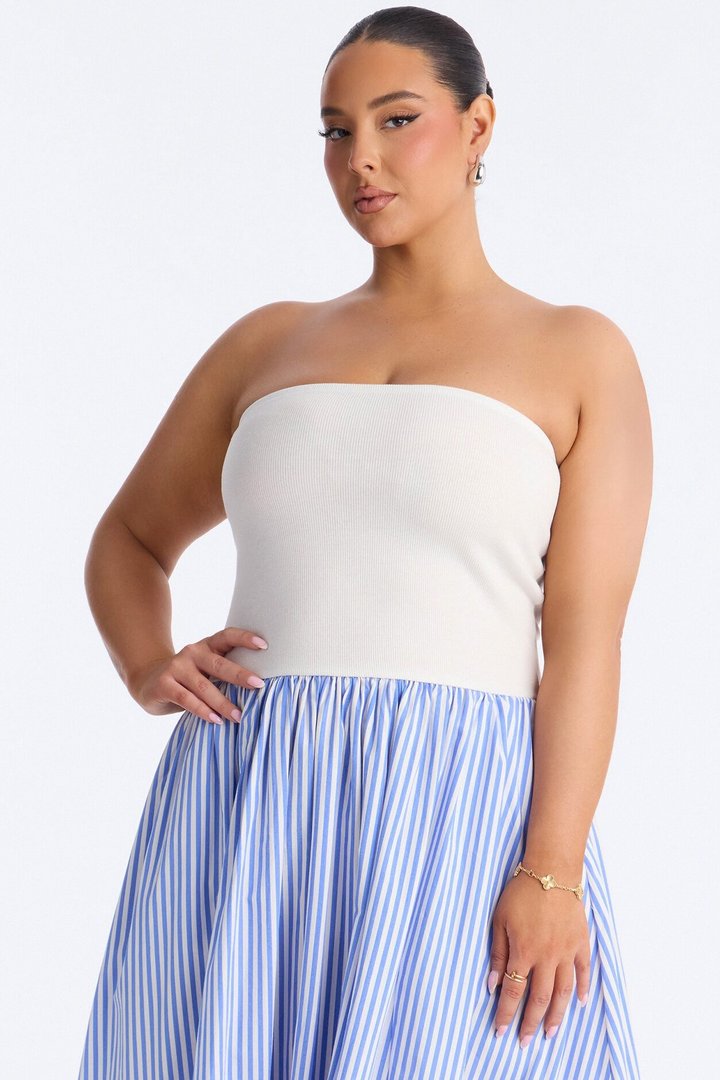 Kaia Strapless Poplin Maxi Dress - White/Blue