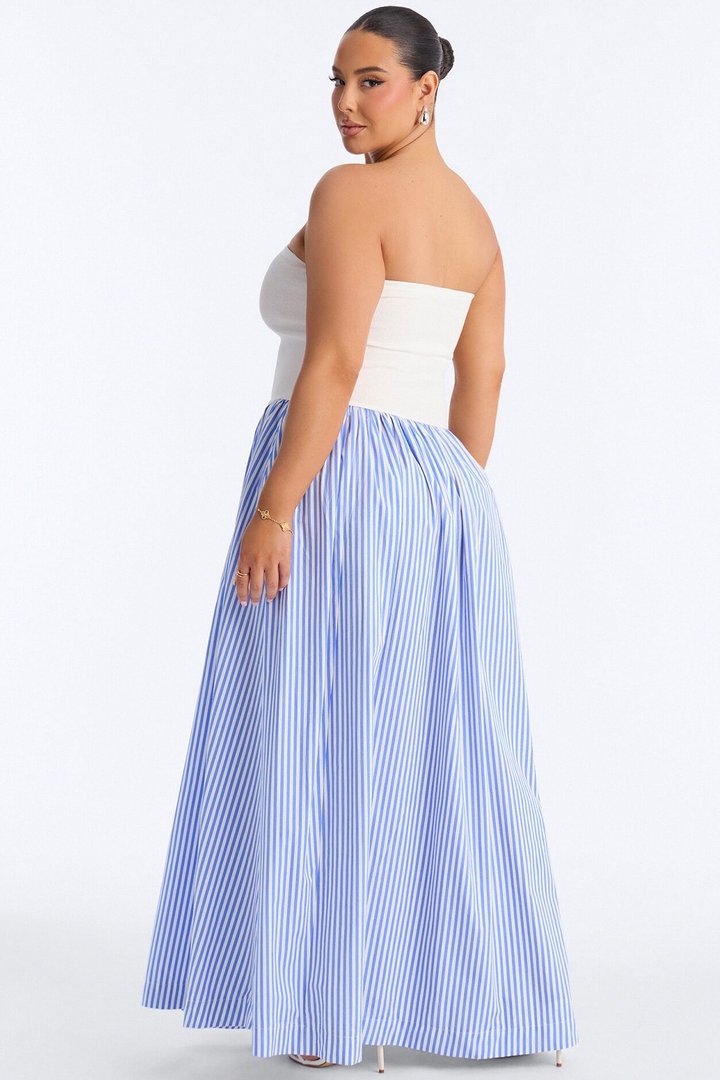 Kaia Strapless Poplin Maxi Dress - White/Blue