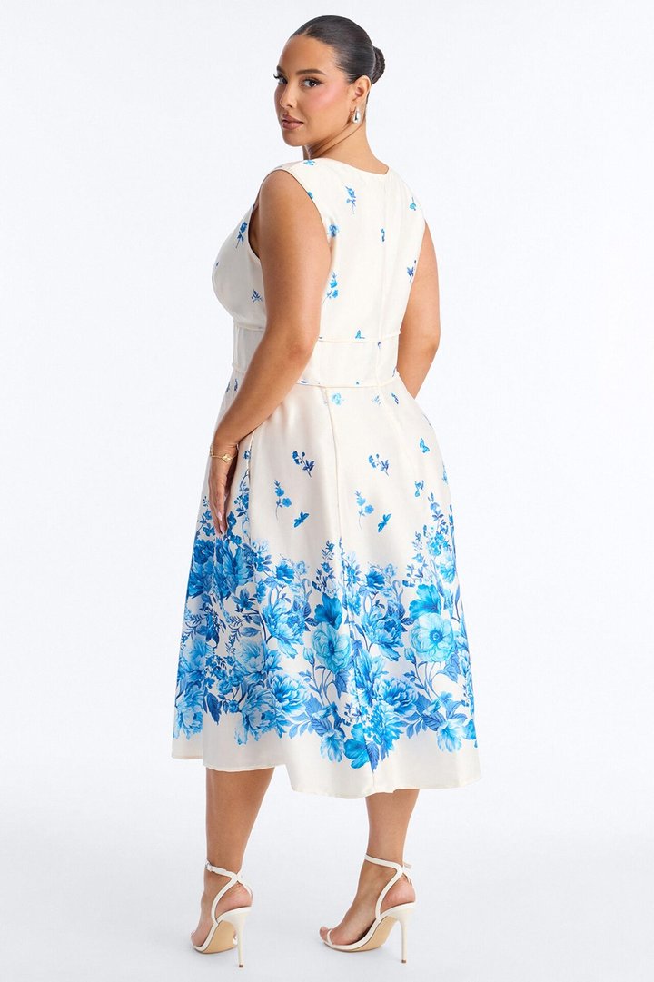 Selene Sleeveless Floral Satin Midi Dress - White/Blue